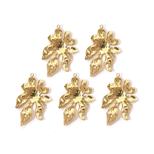 Five pieces of golden stainless steel hollow leaf pendants with hammered texture finish