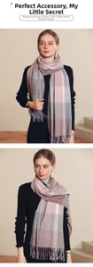 Detail of soft multi-color plaid scarf with fringes styled over a black knit sweater