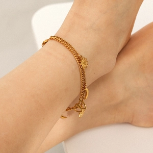 Double-layered 18K gold stainless steel anklet with sun, moon, and heart charms