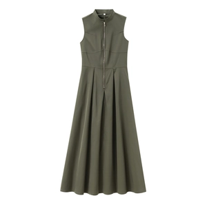Elegantes ärmelloses Maxikleid in Armeegrün mit Stehkragen und Frontreißverschluss