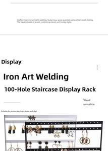 Detailed view of a 100-hole iron jewelry organizer with a sturdy wooden base support