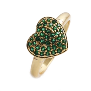 Adjustable gold heart ring featuring green micro-pave cubic zirconia on white background