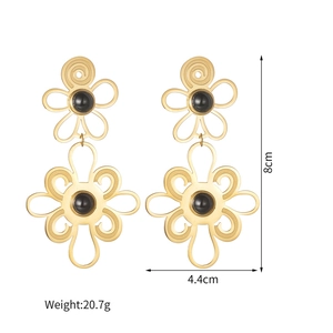 Elegant 18K gold plated stainless steel hollow flower earrings with black gems