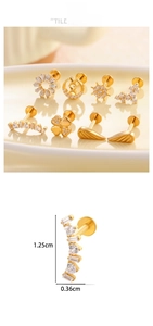 Detailed size view of a gold F136 titanium clover labret with white zircon stones