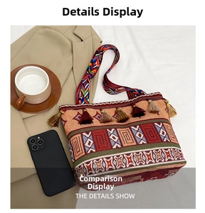 Detail of bohemian woven tote bag with colorful tassels and geometric patterns