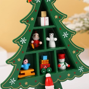 Macro detail of wooden Christmas tree decor with miniature Santa and snowmen figurines