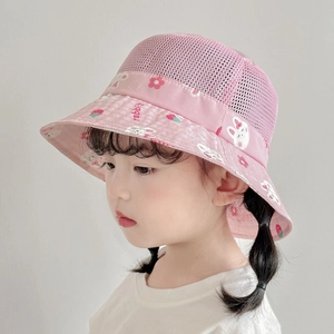 Pink kids summer sun hat with breathable mesh top and cute rabbit floral patterns