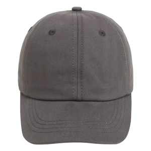 Detailed close-up of dark grey cotton twill baseball cap with six-panel structure