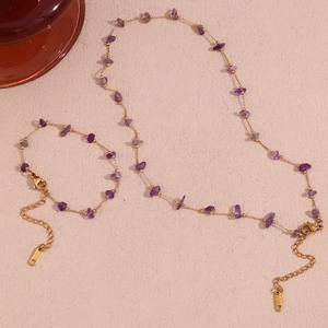 Bijoux Collier Et Bracelet En Améthyste Acier Titane Plaqué Or 18K Pierre Violette Irrégulière Pour Femmes