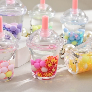 Cute Bubble Tea Cup Keychain Quicksand Liquid Pendant With Faux Artificial Pearl Plastic Milk Tea Charm For Bags