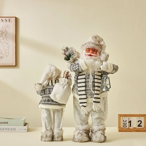 Nordic Santa Claus dolls with lantern and gift bag in warm beige and grey tones