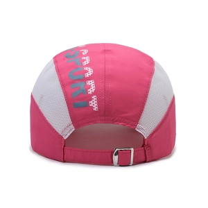 Pink quick-dry sports baseball cap with white mesh panels and metal adjustment buckle