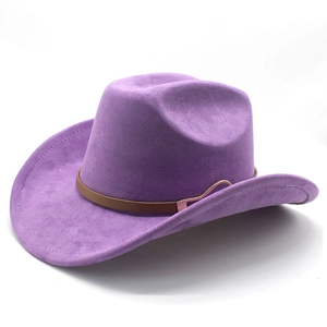 Western Cowboy Hat Wide Brim Faux Suede Fedora With Leather Band Metal Buckle Retro Outdoor Sun Hat Unisex
