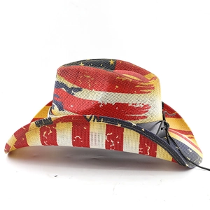 Close-up of straw cowboy hat with American flag stars and stripes pattern and black trim