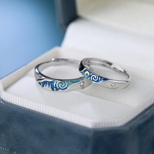 S925 sterling silver Van Gogh Starry Night couple rings with blue enamel and zircon inlay