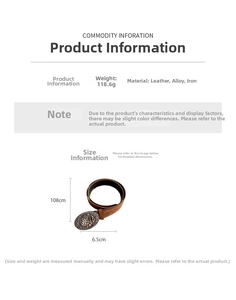 Detail of vintage brown leather belt with large embossed rose buckle and dimensions