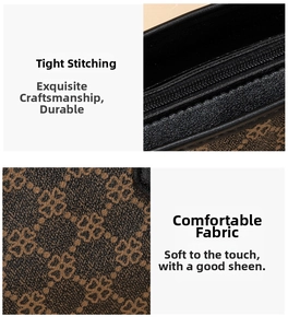 Detail der Handtasche mit Kleeblattmuster, verstärkten Nähten und Reißverschluss