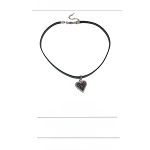 Detailed specs of the heart choker made of copper, zircon, and dark crystals