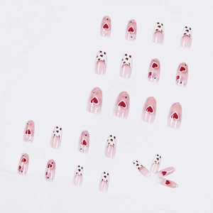 Pink heart and leopard print press-on nails set with glossy finish and crystal accents