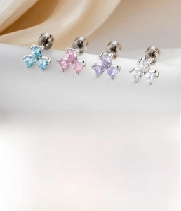 Detail of heart-shaped zircon earrings with 0.8x6mm titanium steel screw posts