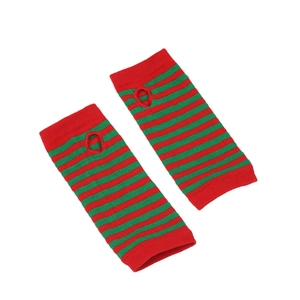 Detail of red and green striped knit arm warmer with thumb hole for cosplay