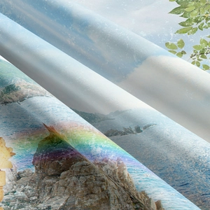 Nahaufnahme des strukturierten Landschaftswandteppichs mit Regenbogen und Meeresmotiven