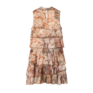 Mini-robe à volants sans manches avec imprimé paisley tons terre et col montant chic