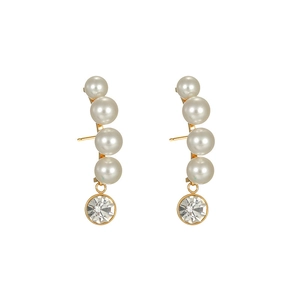 Baroque pearl earrings with 18k gold plating and clear crystal drop in vertical design