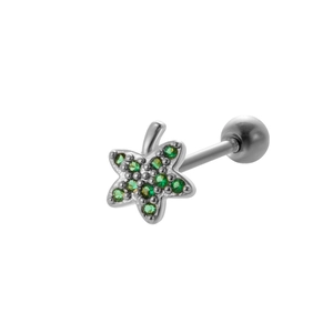 Detailed view of a silver star stud earring with green zircon and screw-back closure