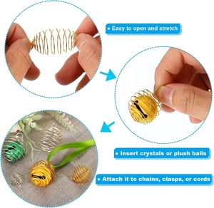 Macro view of gold and silver spiral bead cages showing how to insert a pearl for DIY jewelry