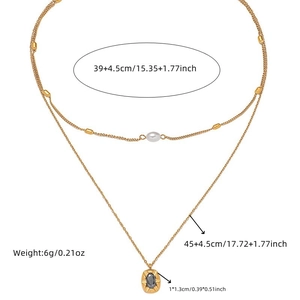 Double layered 18K gold plated stainless steel necklace with pearl and oval black stone