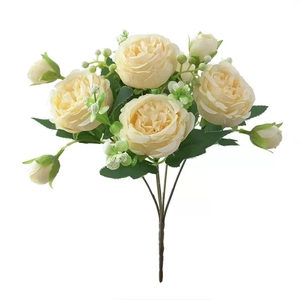 Realistic champagne plastic rose bouquet with green leaves on white background