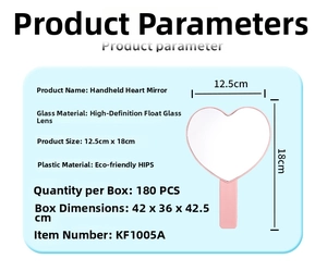 Pink heart-shaped handheld mirror detail with 18x12.5cm size and HIPS plastic frame