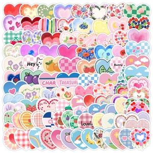A vibrant assortment of heart-shaped waterproof stickers with colorful doodle designs