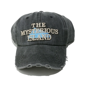 Detail of embroidered The Mysterious Island logo and distressed rips on washed baseball cap