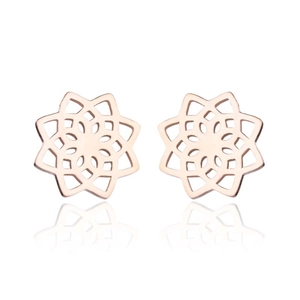 Detail view of rose gold hollow lotus stud earrings with symmetrical geometric mandala pattern