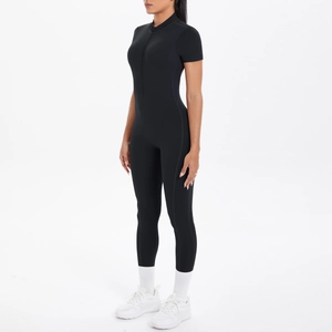 Slim fit black short sleeve sports bodysuit with front zipper and stand collar detail