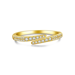 Adjustable S925 sterling silver gold ring with crisscross design and pavé cubic zirconia