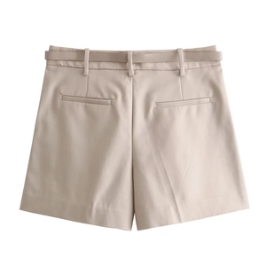 Women's high-waisted khaki wide-leg shorts with matching decorative belt on white background