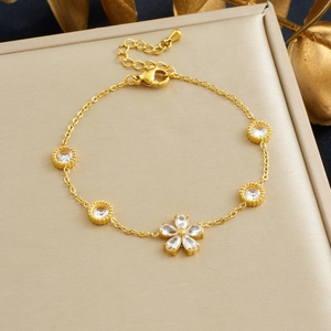 Edelstahl Gold Beschichtet Blume Armband Mit Zirkonia Rhinestones Geometrische Kette Elegante Schmuck Damen