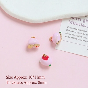 Three mini pink peach charms in gold-plated copper for DIY jewelry making, 10x11mm size