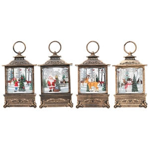 Vintage bronze Christmas lanterns with Santa, Snowman and Reindeer festive scenes