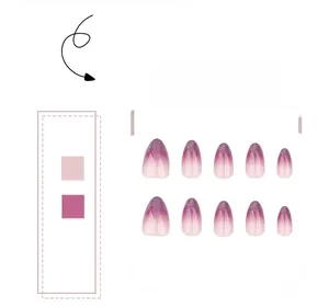 Detail of almond-shaped purple gradient press-on nails with silver glitter on tips