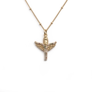 Golden Mary angel pendant necklace with colorful rhinestones and winged design