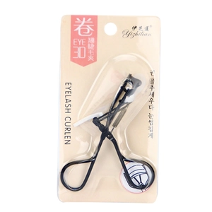 Black metal 3D curling eyelash curler with white silicone pad in pink blister packaging
