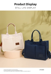 Detail of canvas tote bags with external pockets and adjustable crossbody straps