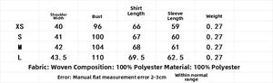Size chart detail for printed long sleeve shirt and skirt set made of 100% polyester
