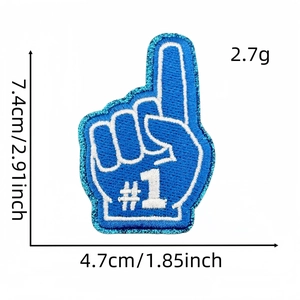 Blue and white embroidery patch with #1 finger design showing dimensions 7.4x4.7cm
