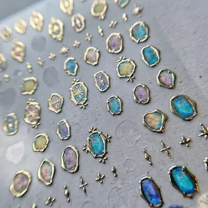 Japanese aurora gem nail stickers with 5D vintage gold frames in multiple shapes