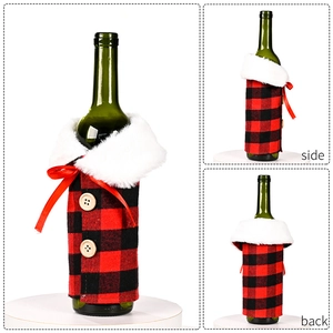 Detailed views of red and black buffalo plaid wine bottle covers with faux fur and buttons